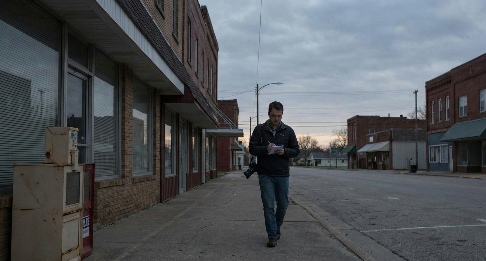 a journalist walking through street