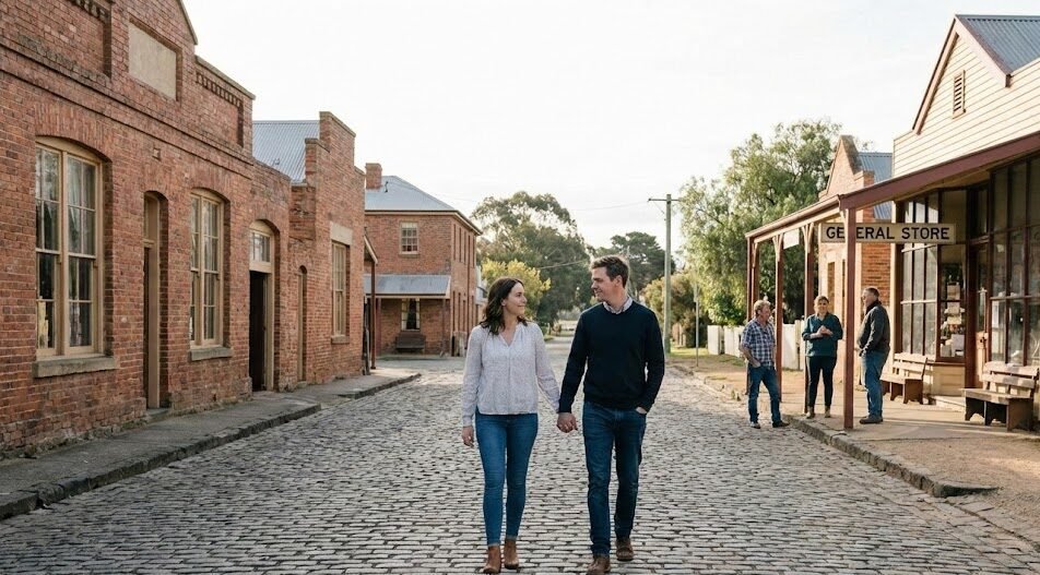a couple walking through street
